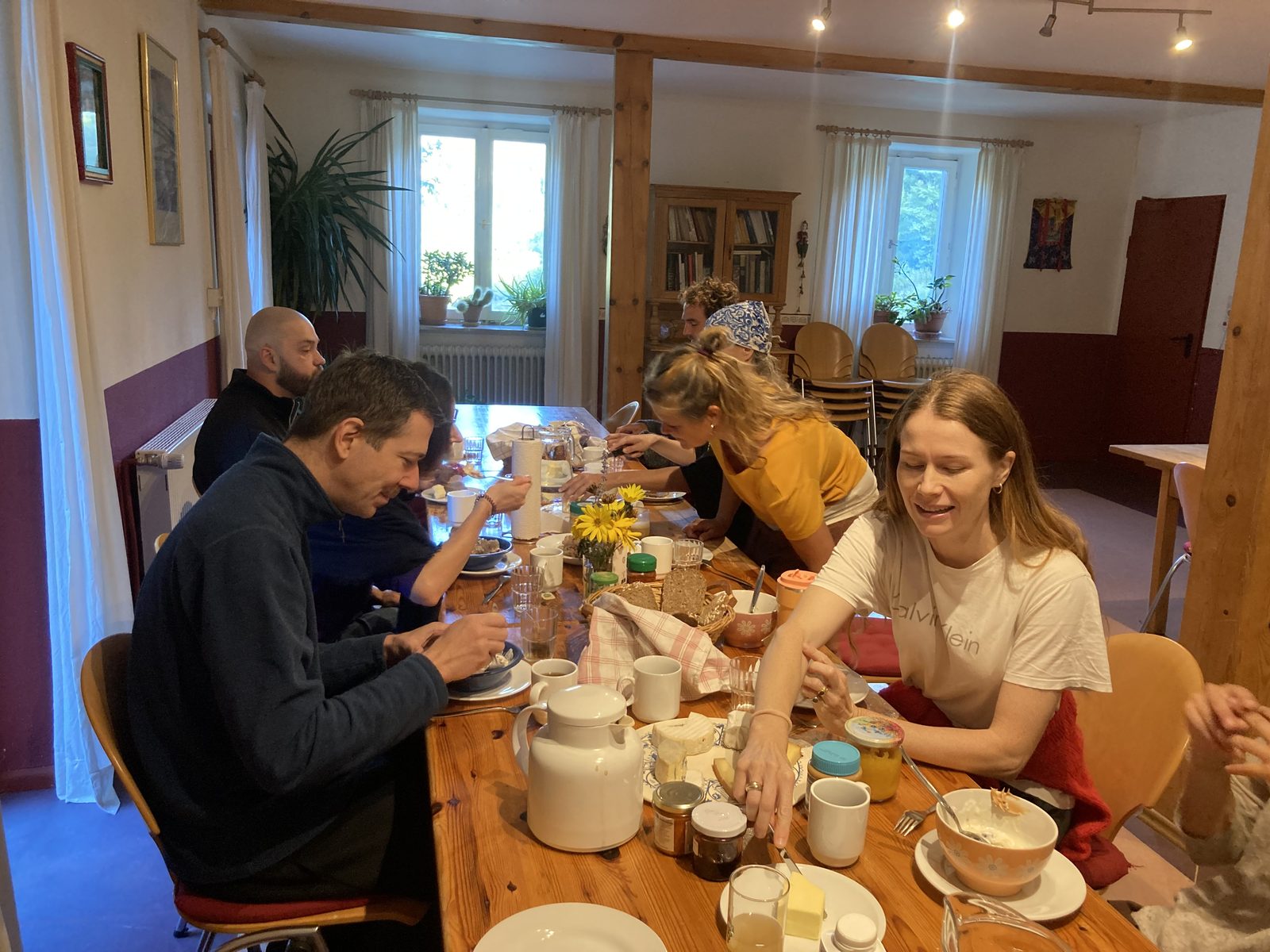 Breakfast together at the long table