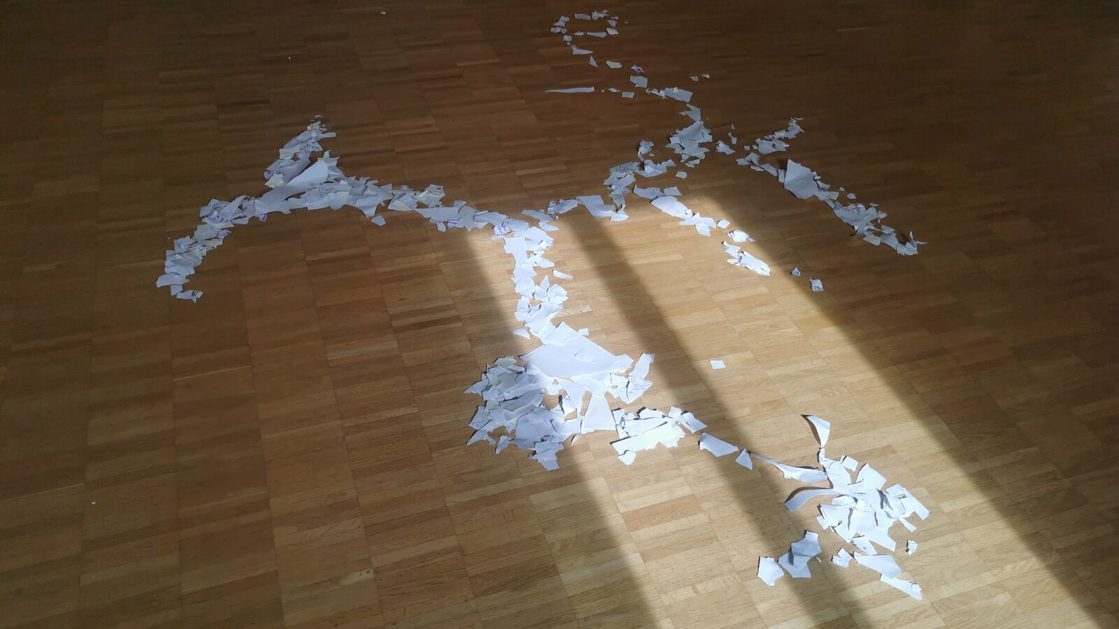 Torn paper fragments forming a human figure on the floor