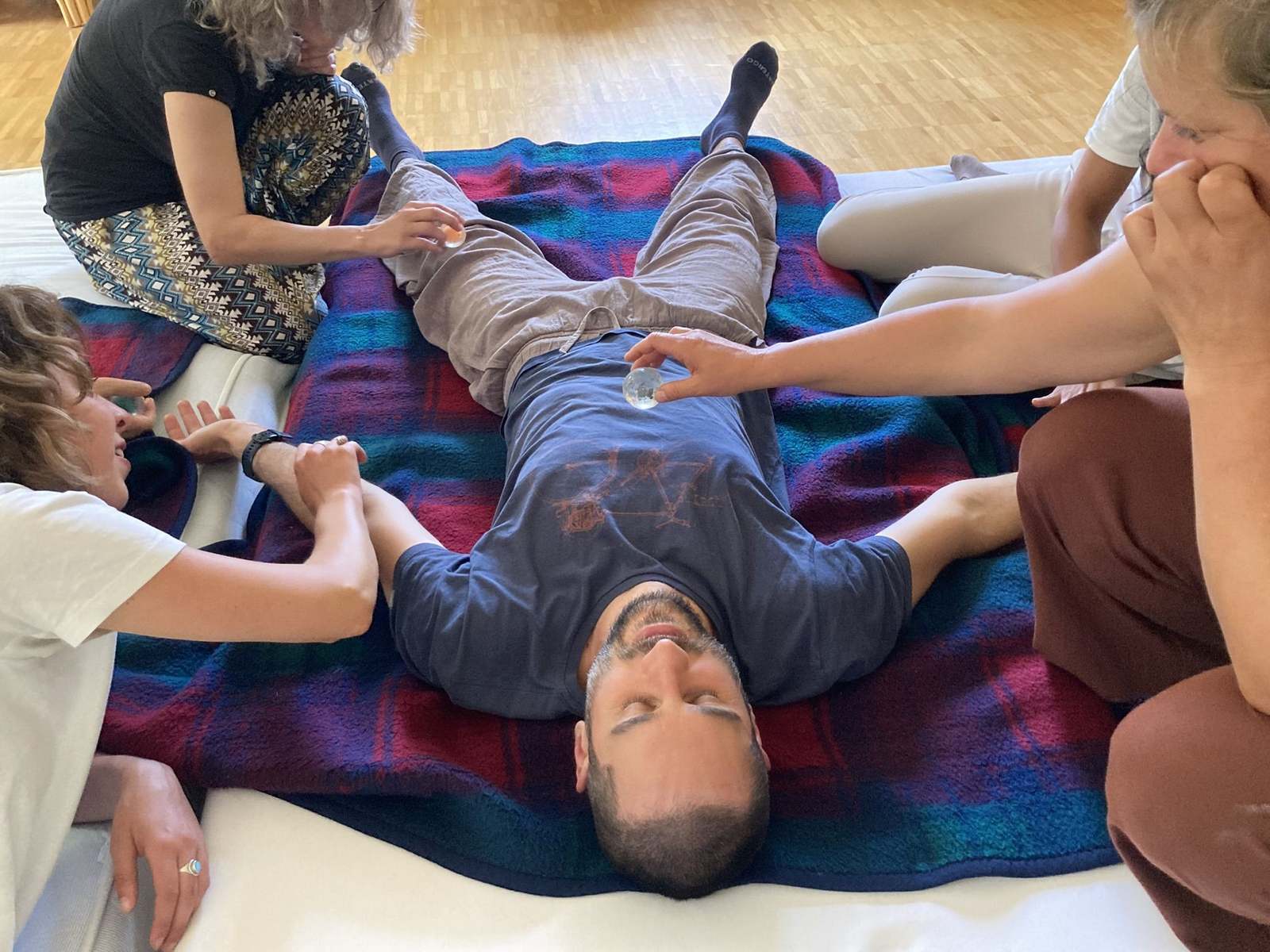 Group bodywork during a transpersonal training seminar