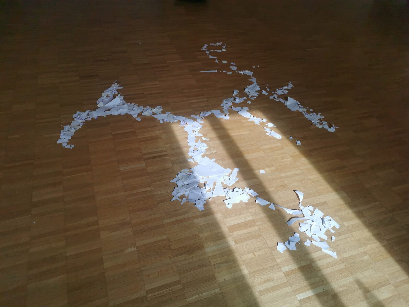 A figure laid out in torn paper on the sunlit hall floor