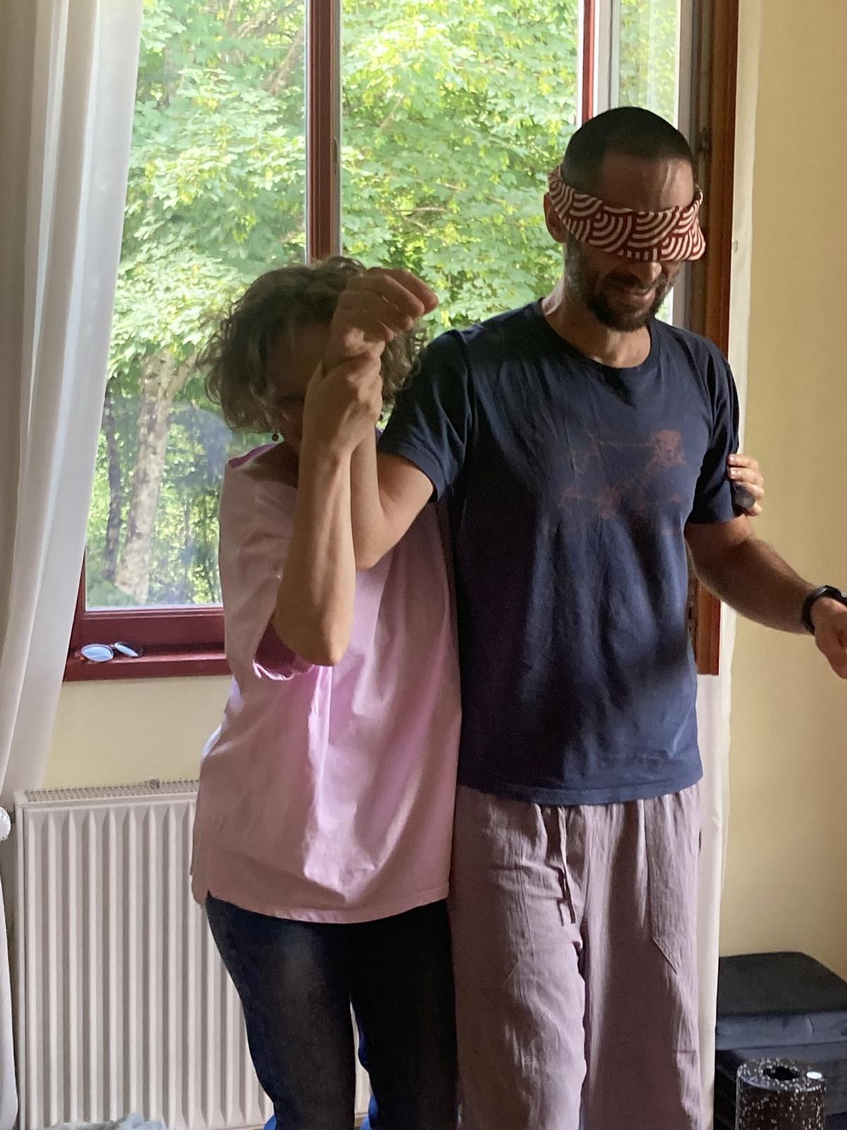 A trust walk exercise in pairs