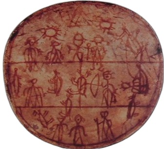 A Sámi shaman drum with red ochre figures of people, animals and sun symbols arranged in three horizontal bands across the skin