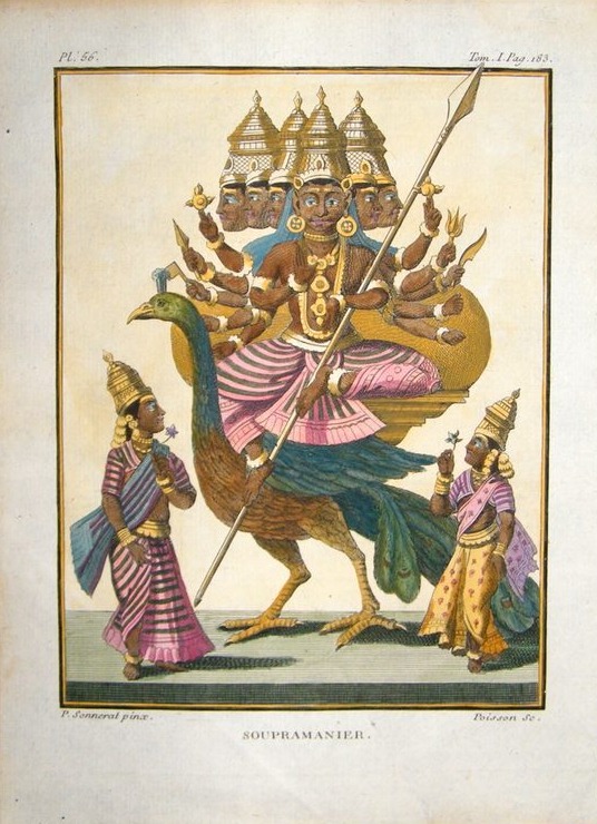 Hand-coloured 1782 engraving of the Hindu deity Subramanya, many-headed and many-armed, riding his peacock and holding a spear, flanked by two attendants